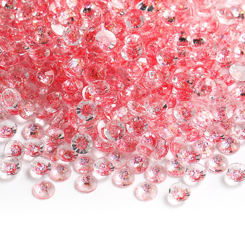 MajorCrafts Clear Red Glittered Flat Back Round 14 Facets Resin Rhinestones