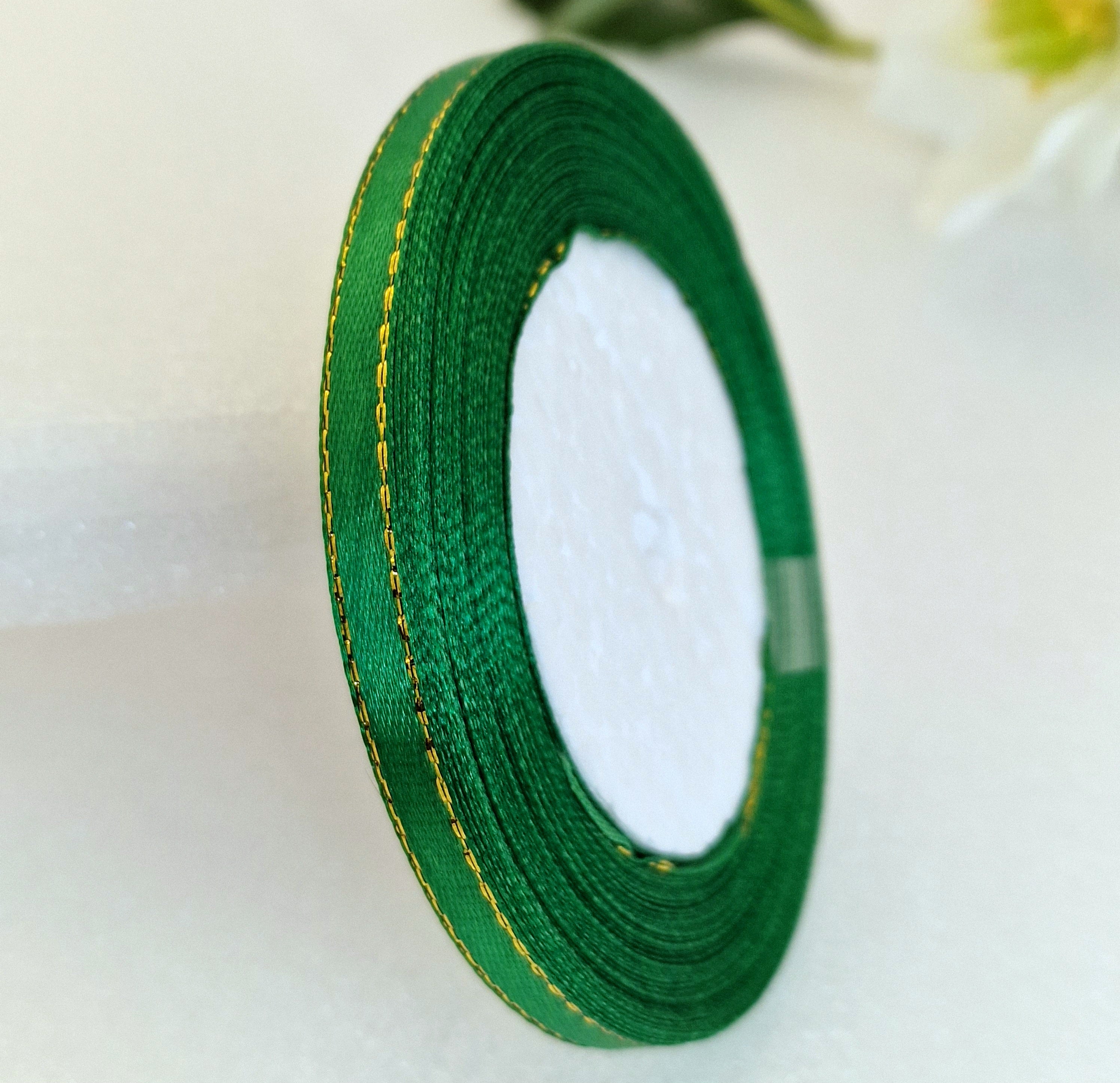 MajorCrafts 6mm 22metres Royal Green with Gold Edge Trim Satin Fabric Ribbon Roll