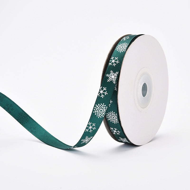 MajorCrafts 10mm 22metres Dark Green & White Snowflakes Christmas Satin Fabric Ribbon Roll