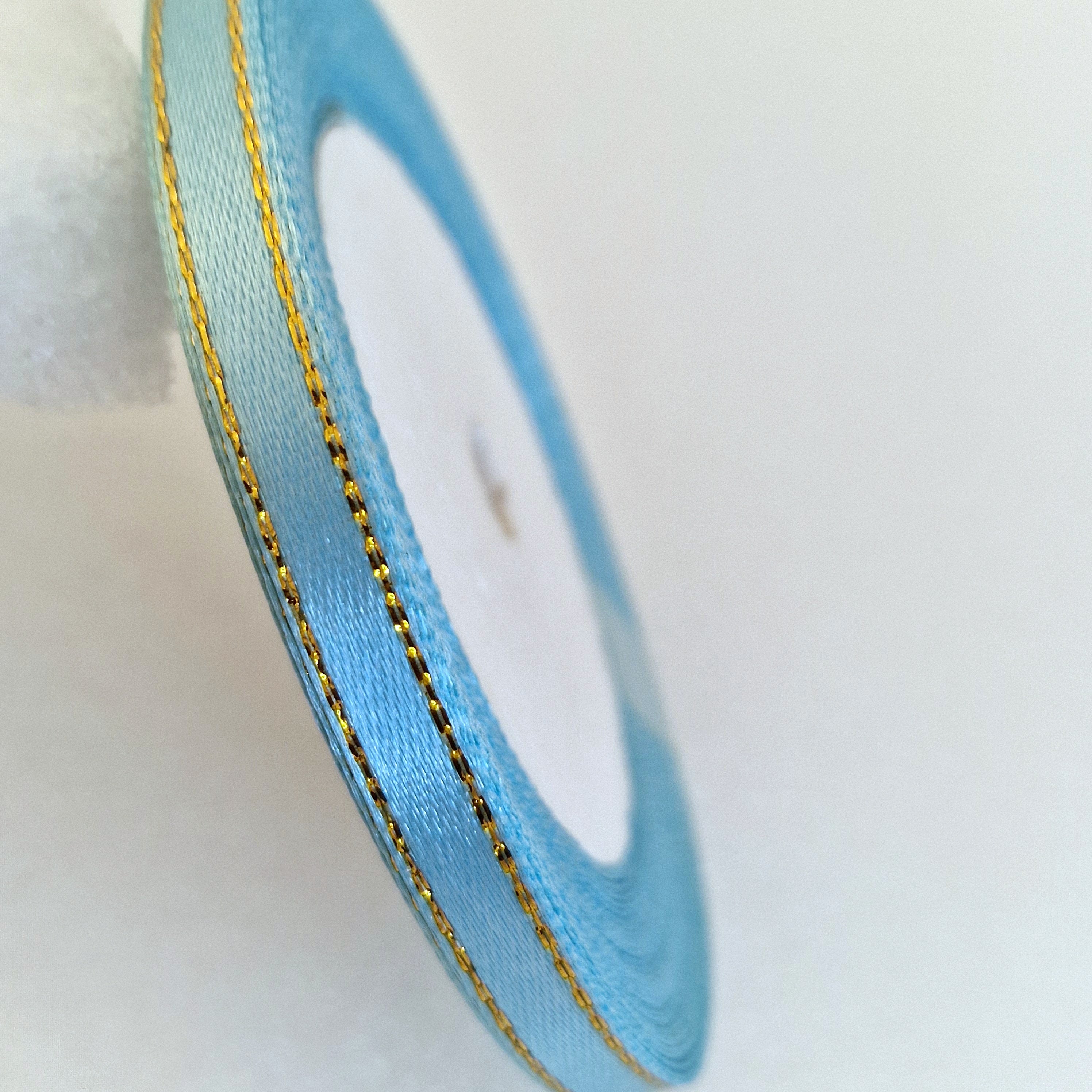 MajorCrafts 6mm 22metres Sky Blue with Gold Edge Trim Satin Fabric Ribbon Roll