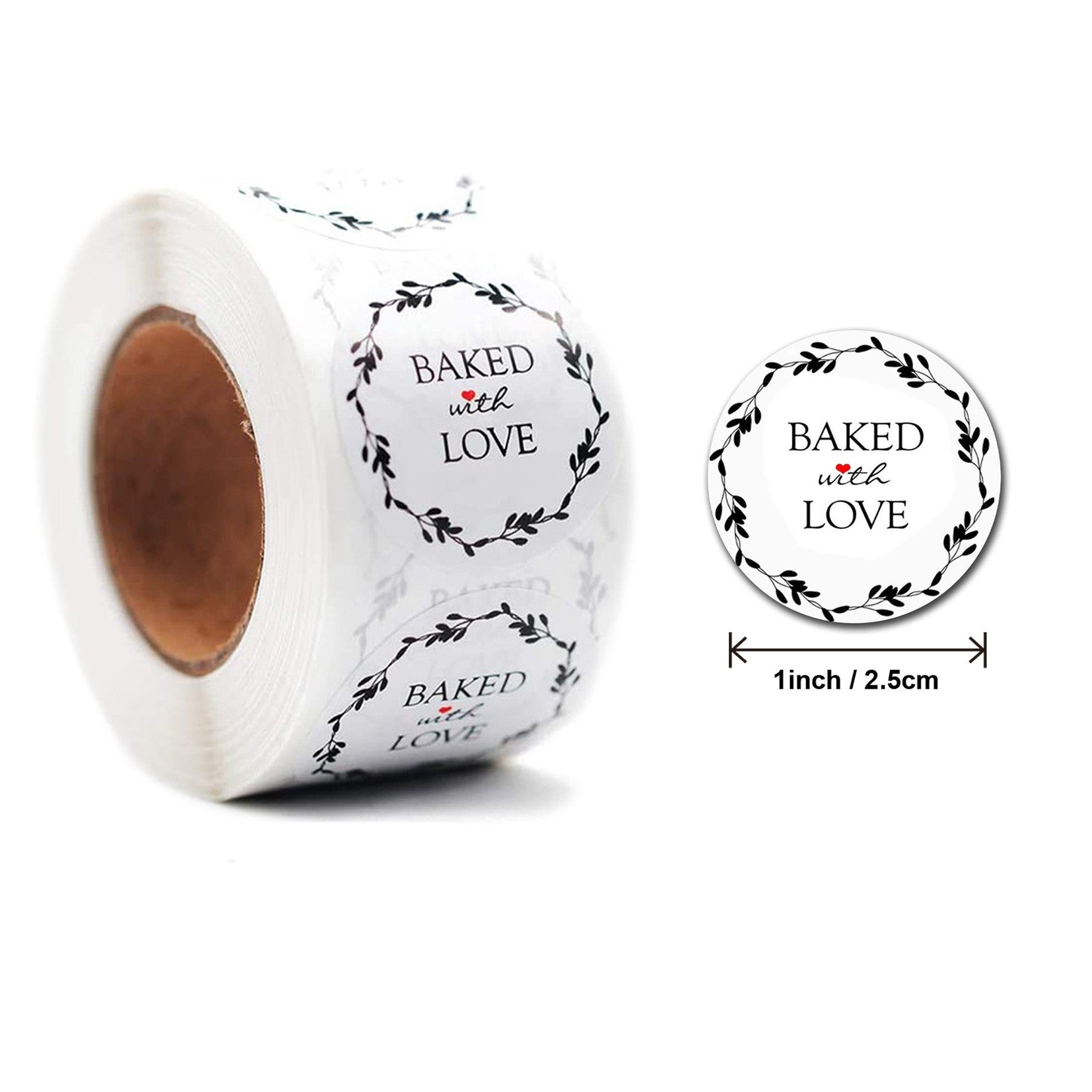 MajorCrafts 500 Labels per roll 2.5cm 1" wide Black & White 'Baked with Love' Printed Round Stickers V114