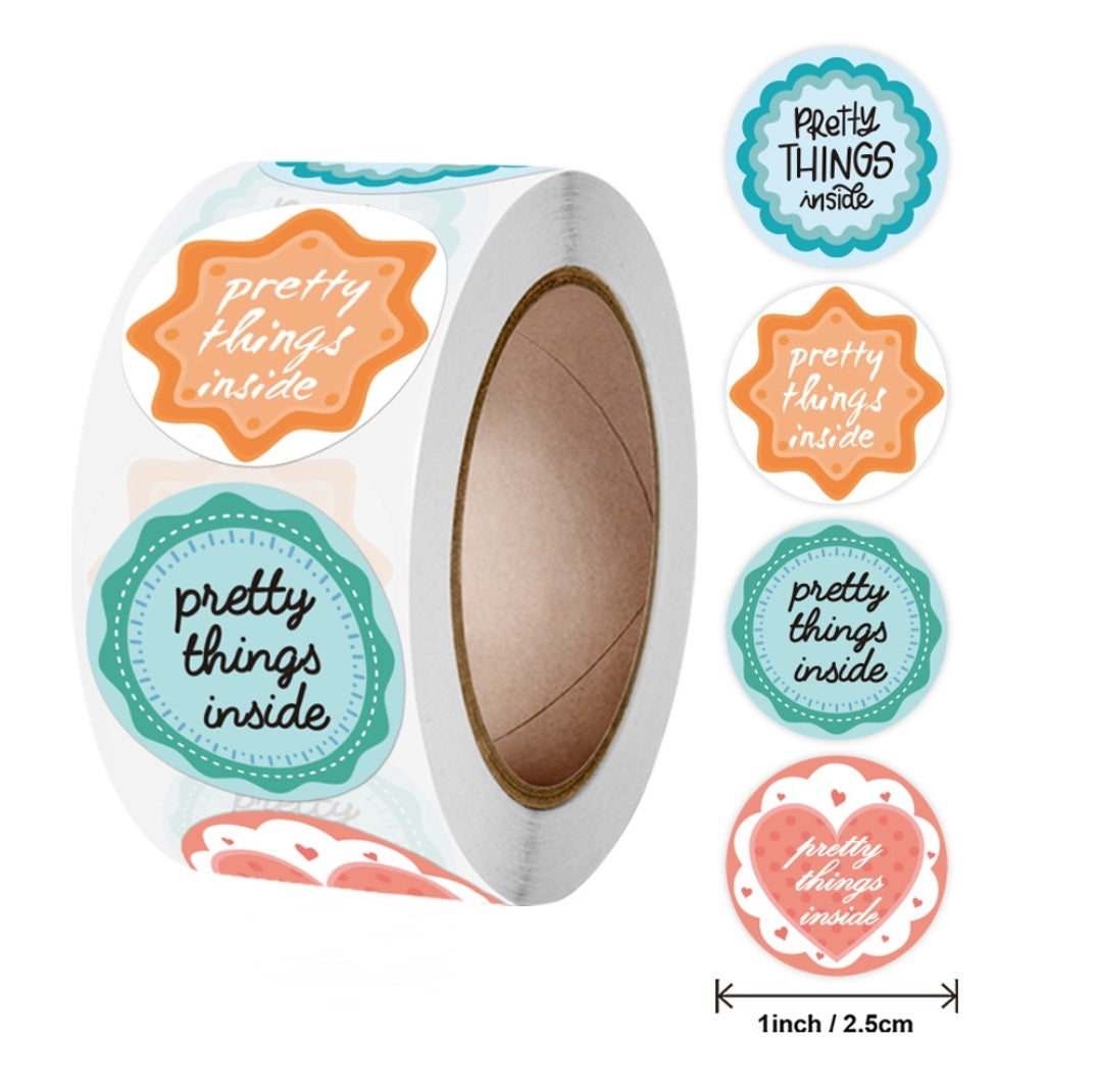 MajorCrafts 500 Labels per roll 2.5cm 1" wide Green, Orange, Blue 'Pretty Things Inside' Printed Round Stickers V149
