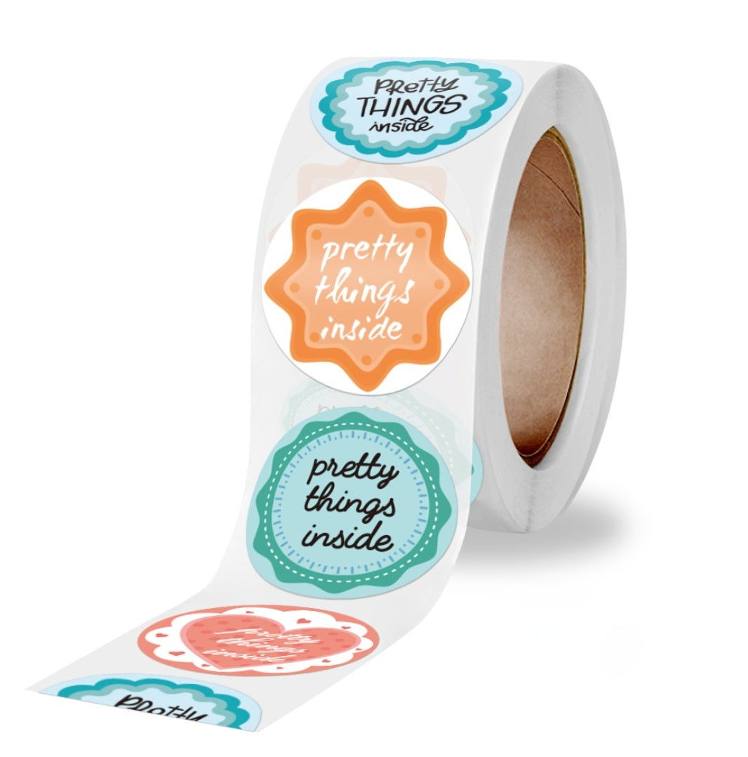 MajorCrafts 500 Labels per roll 2.5cm 1" wide Green, Orange, Blue 'Pretty Things Inside' Printed Round Stickers V149