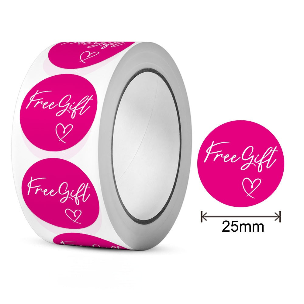 MajorCrafts 500 Labels per roll 25mm 1" wide Dark Pink 'Free Gift' Printed Round Stickers V156