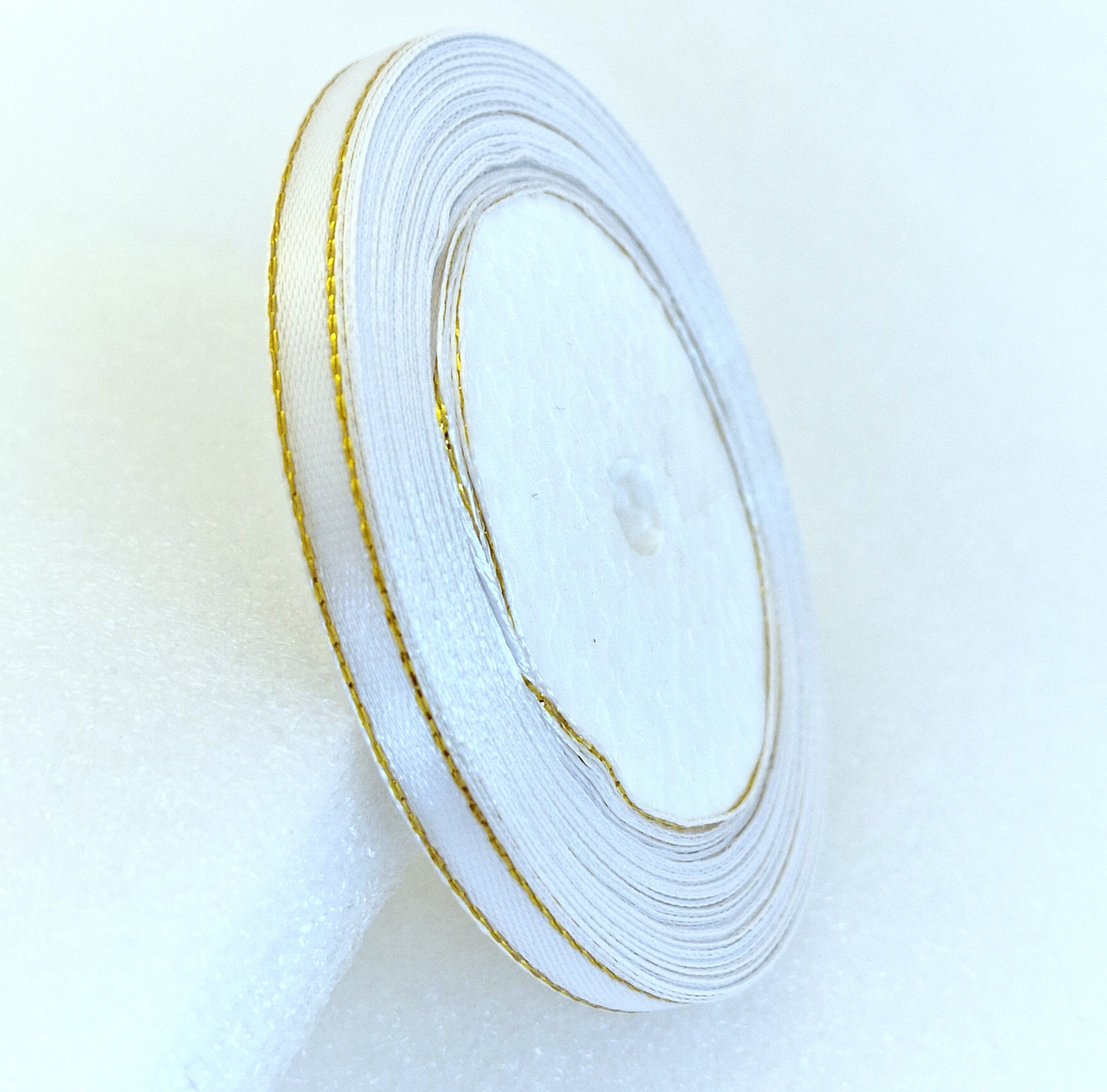 MajorCrafts 6mm 22metres White with Gold Edge Satin Fabric Ribbon Roll