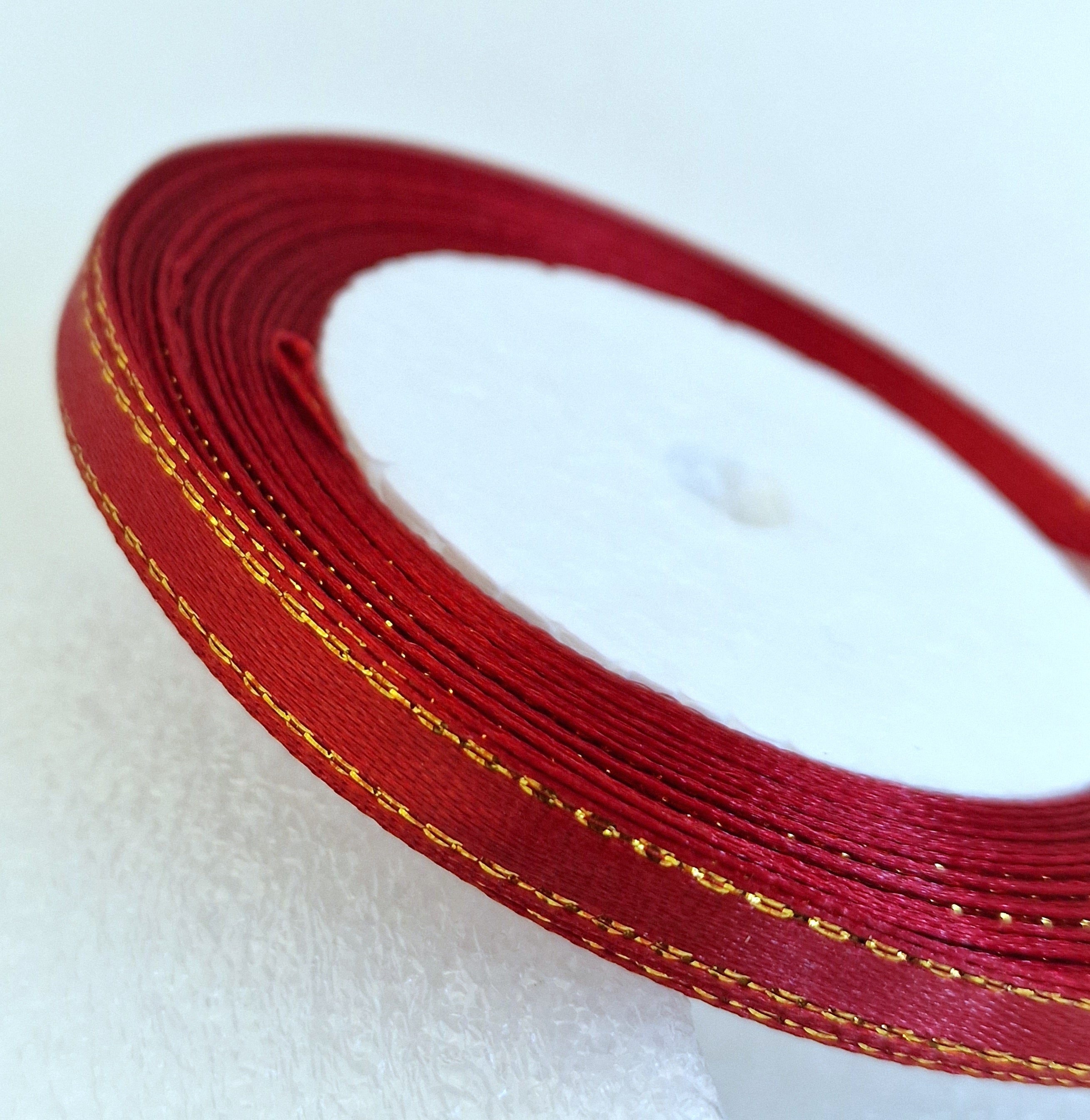 MajorCrafts 6mm 22metres Wine Red with Gold Edge Trim Satin Fabric Ribbon Roll