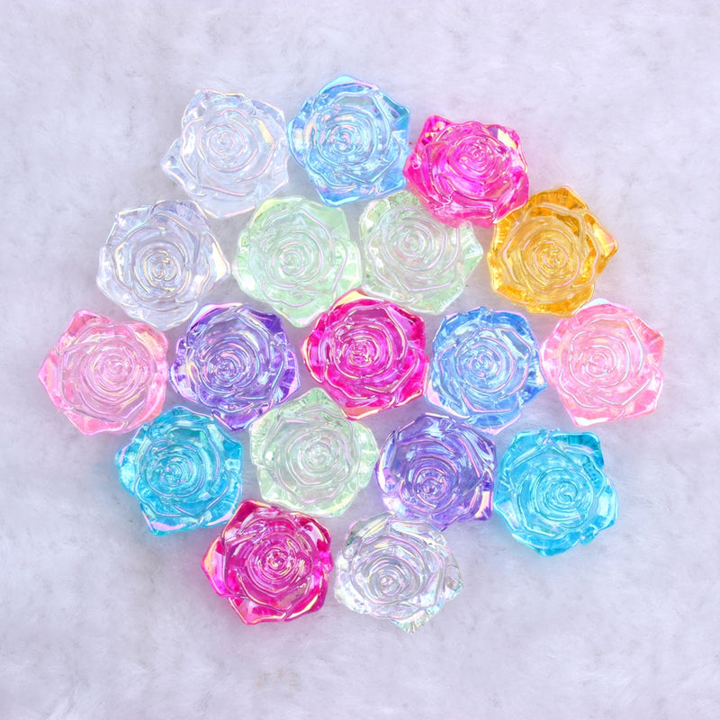 MajorCrafts 20pcs 18mm Clear Mixed AB Flat Back Rose Flower Resin Cabochon Pearls 00A