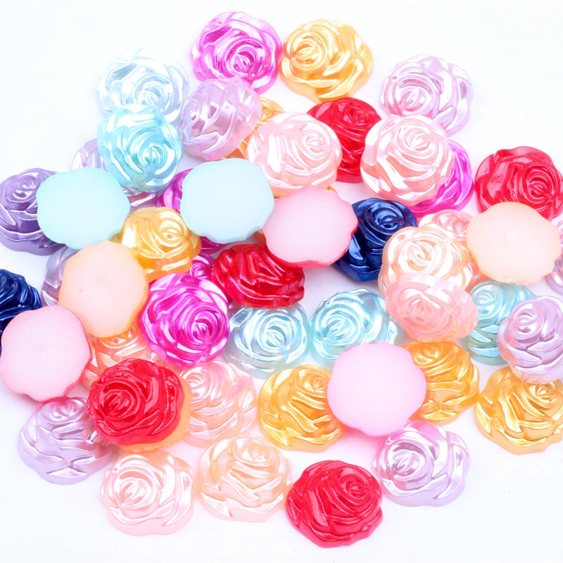 MajorCrafts 80pcs 12mm Mixed Colours Flat Back Rose Flower Resin Pearls