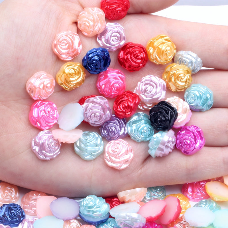 MajorCrafts 80pcs 12mm Mixed Colours Flat Back Rose Flower Resin Pearls
