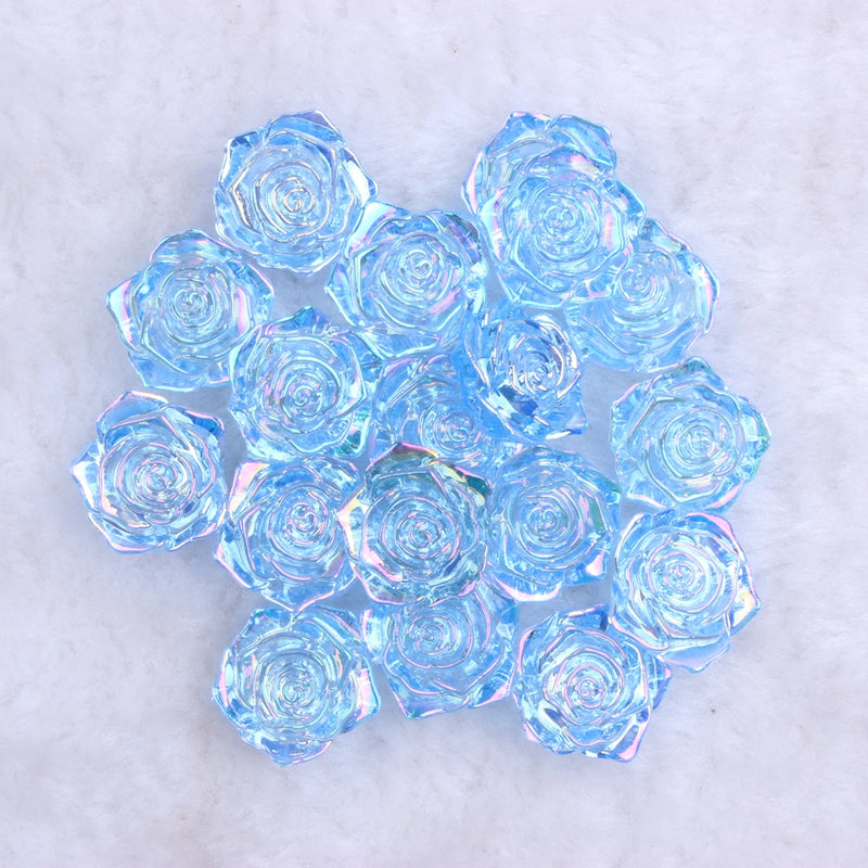 MajorCrafts 20pcs 18mm Clear Light Blue AB Flat Back Rose Flower Resin Cabochon Pearls 01A