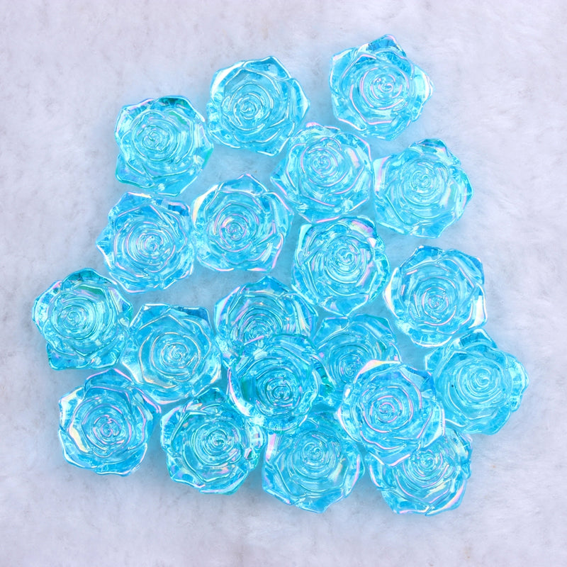 MajorCrafts 20pcs 18mm Clear Aqua Blue AB Flat Back Rose Flower Resin Cabochon Pearls 07A