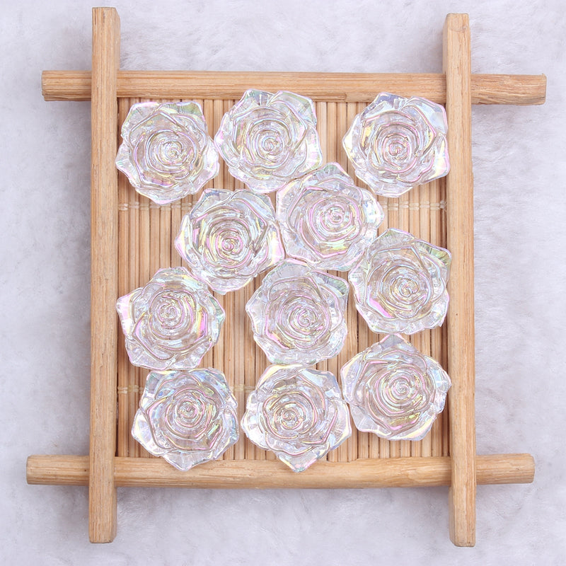 MajorCrafts 20pcs 18mm Transparent Clear AB Flat Back Rose Flower Resin Cabochon Pearls 10A