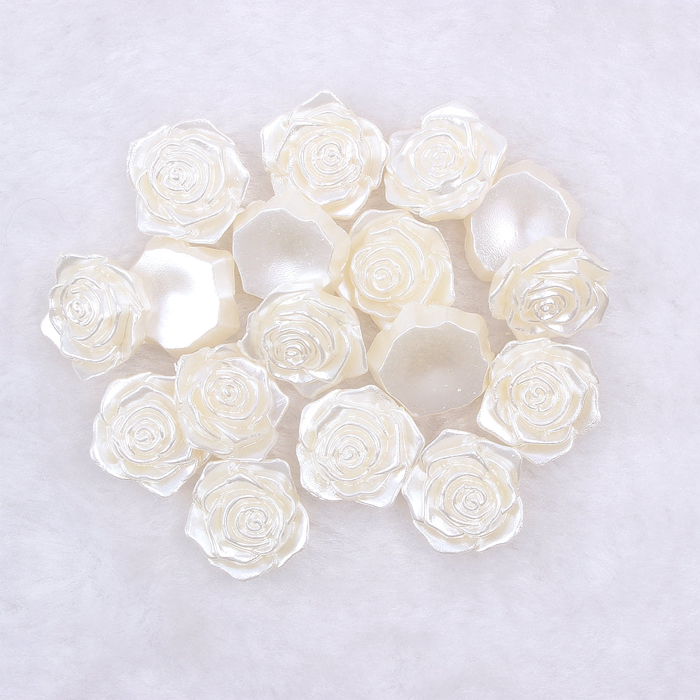 MajorCrafts 20pcs 18mm Cream Ivory Flat Back Rose Flower Resin Cabochon Pearls C14