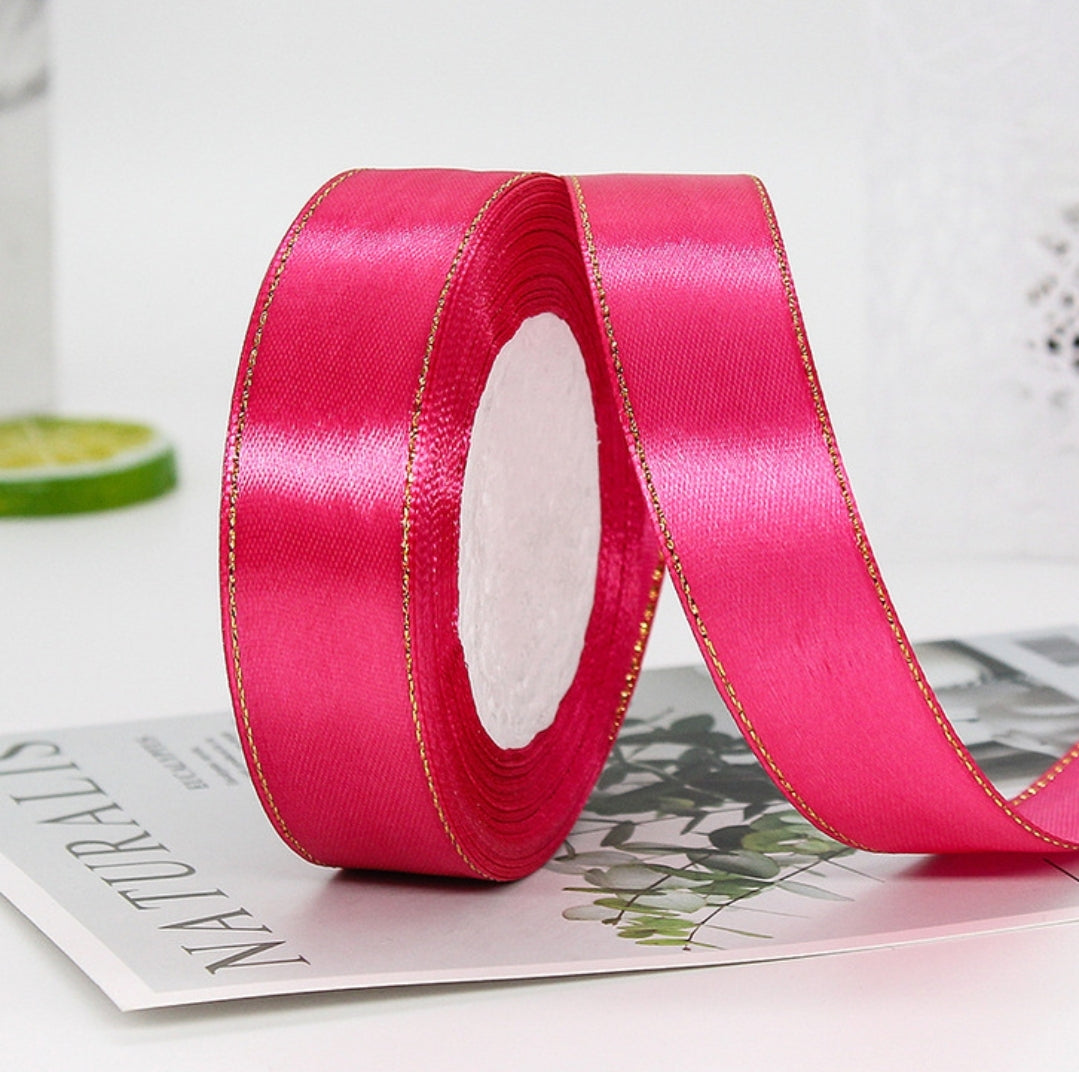 MajorCrafts 25mm 22metres Magenta Pink with Gold Edge Trim Satin Fabric Ribbon Roll R14