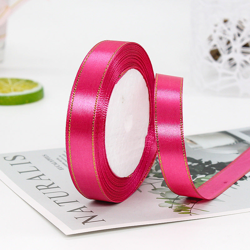 MajorCrafts 15mm 22metres Magenta Pink with Gold Edge Trim Satin Fabric Ribbon Roll R14