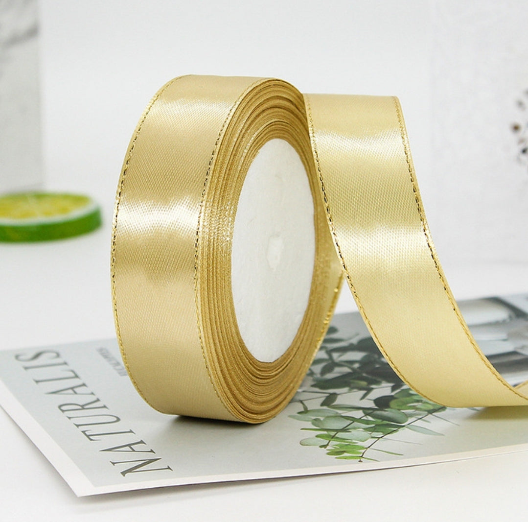 MajorCrafts 25mm 22metres Yellow Gold with Gold Edge Trim Satin Fabric Ribbon Roll R156