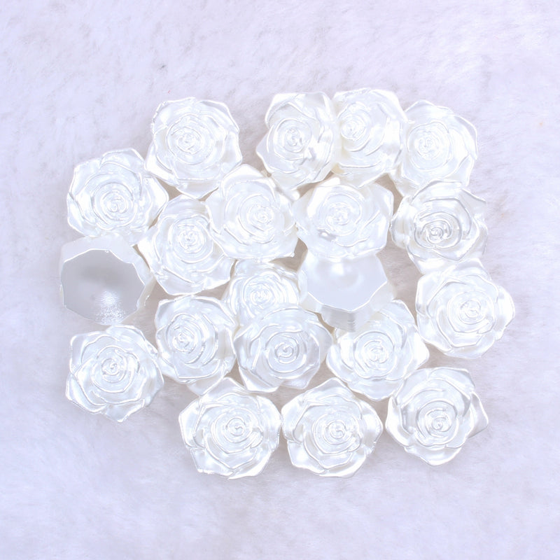 MajorCrafts 20pcs 18mm White Flat Back Rose Flower Resin Cabochon Pearls C15