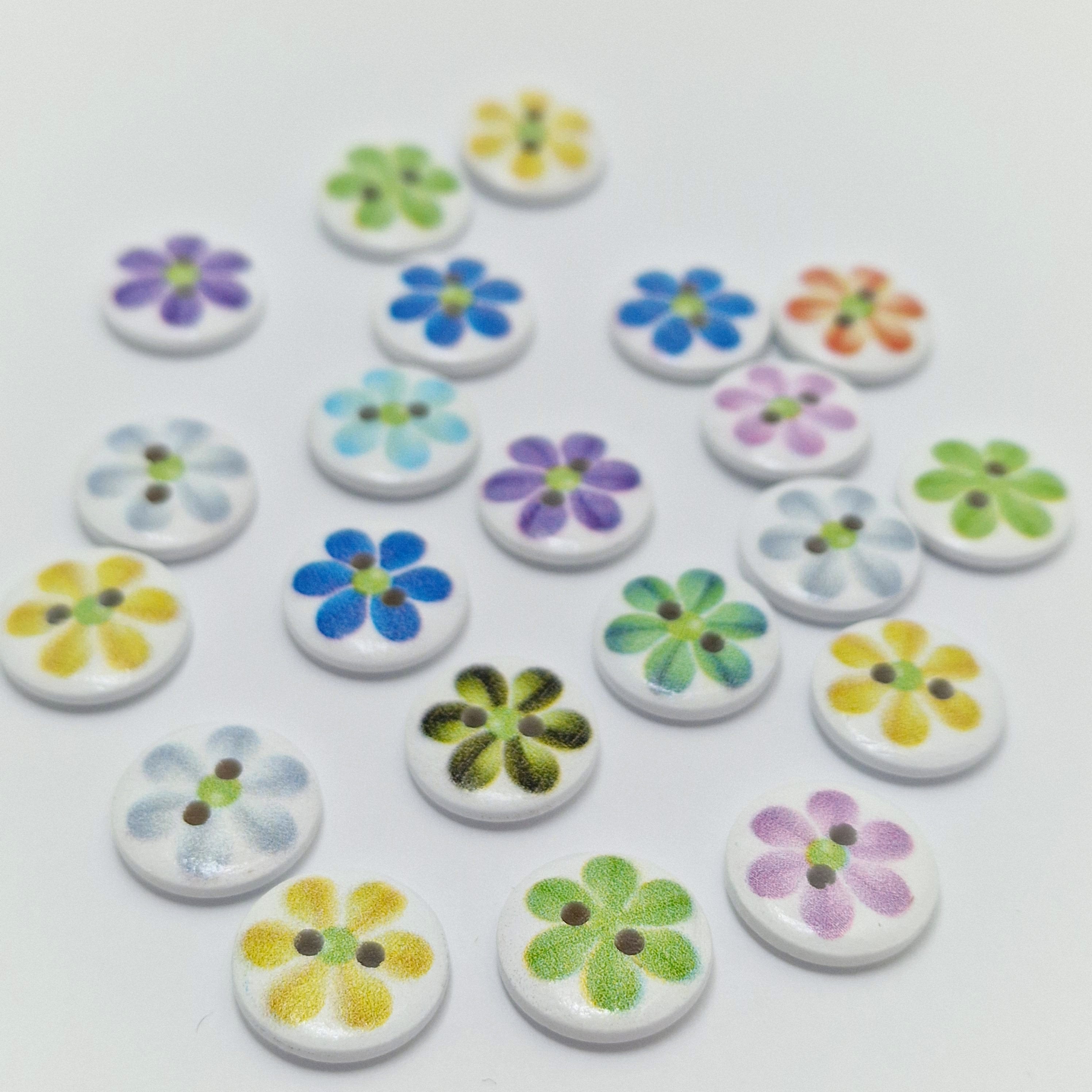 MajorCrafts 48pcs 15mm Mixed Colours Flower Pattern 2 Holes Round Wood Sewing Buttons