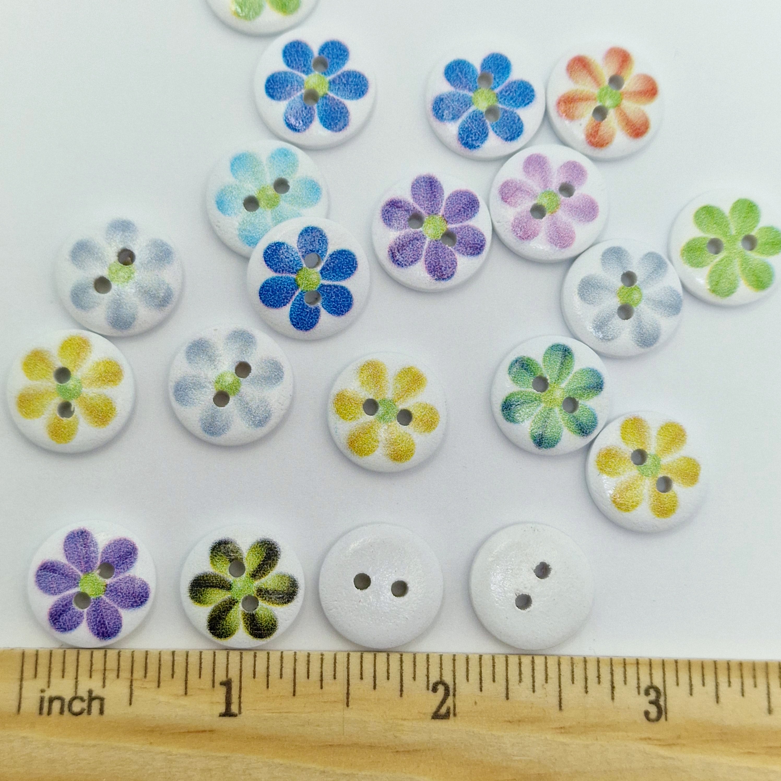 MajorCrafts 48pcs 15mm Mixed Colours Flower Pattern 2 Holes Round Wood Sewing Buttons