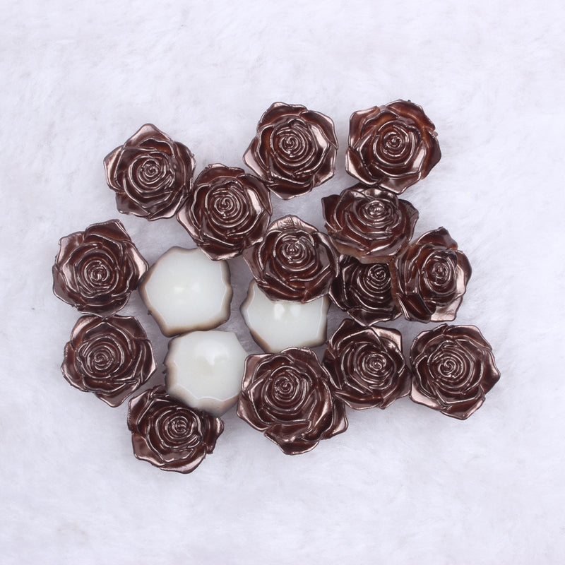MajorCrafts 20pcs 18mm Dark Brown Flat Back Rose Flower Resin Cabochon Pearls C16