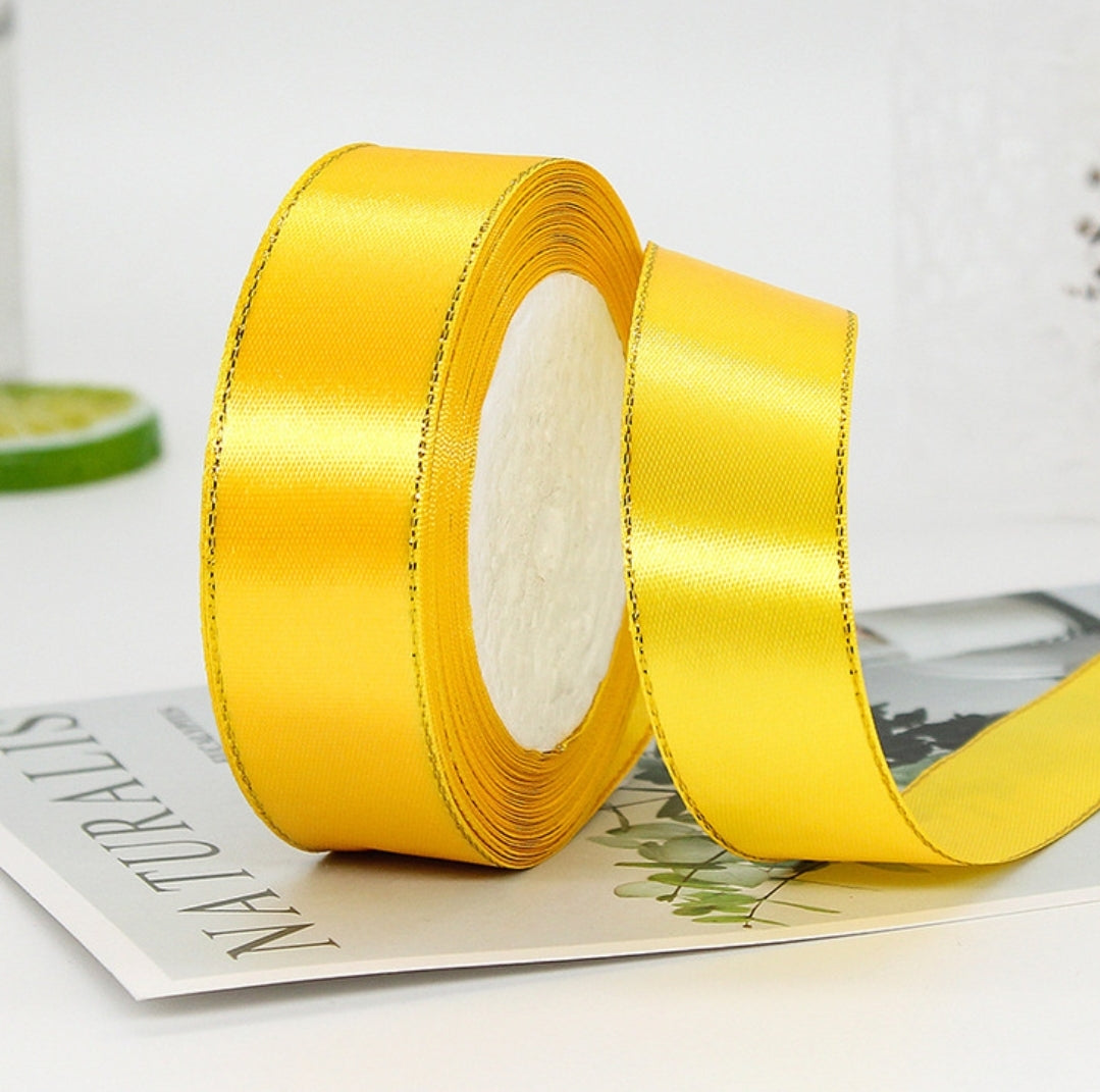 MajorCrafts 25mm 22metres Mustard Yellow with Gold Edge Trim Satin Fabric Ribbon Roll R16