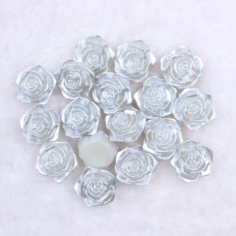 MajorCrafts 20pcs 18mm Light Grey Flat Back Rose Flower Resin Cabochon Pearls C18