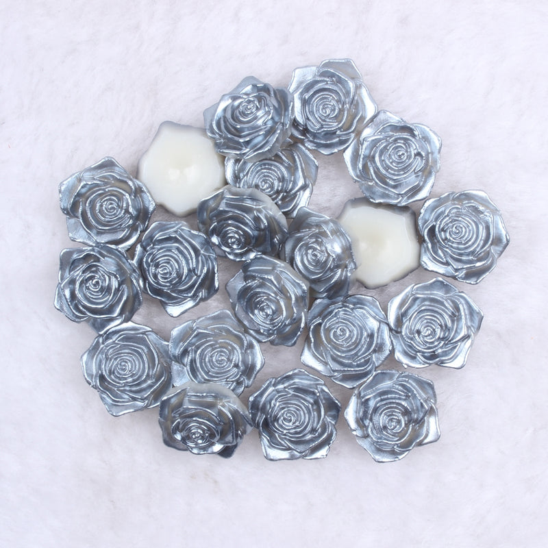 MajorCrafts 20pcs 18mm Dark Grey Flat Back Rose Flower Resin Cabochon Pearls C19