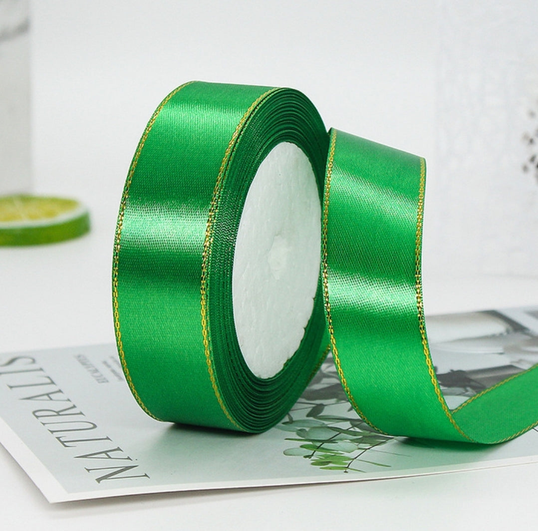 MajorCrafts 25mm 22metres Royal Green with Gold Edge Trim Satin Fabric Ribbon Roll R19