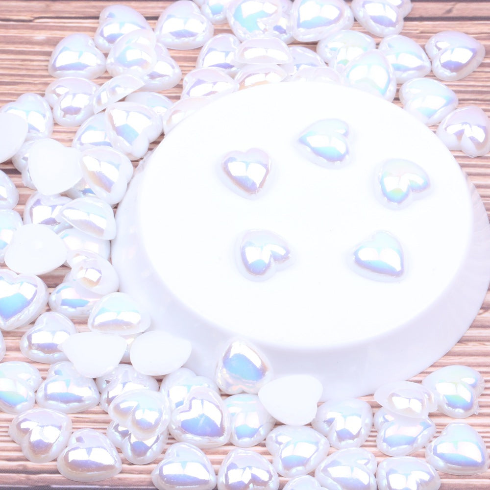 MajorCrafts White AB Flat Back Heart Resin Embellishment Pearls H01