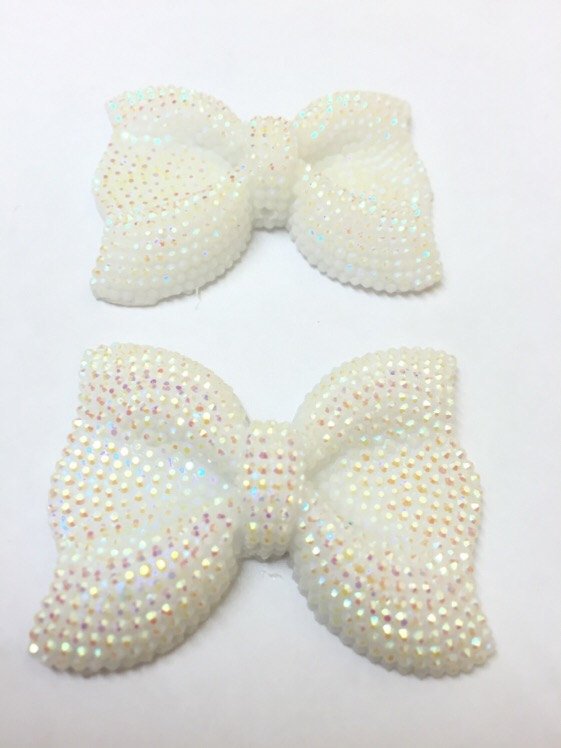 MajorCrafts 3pcs 54mm x 42mm White AB Flat Back Large Chunky Resin Rhinestone Bows C01