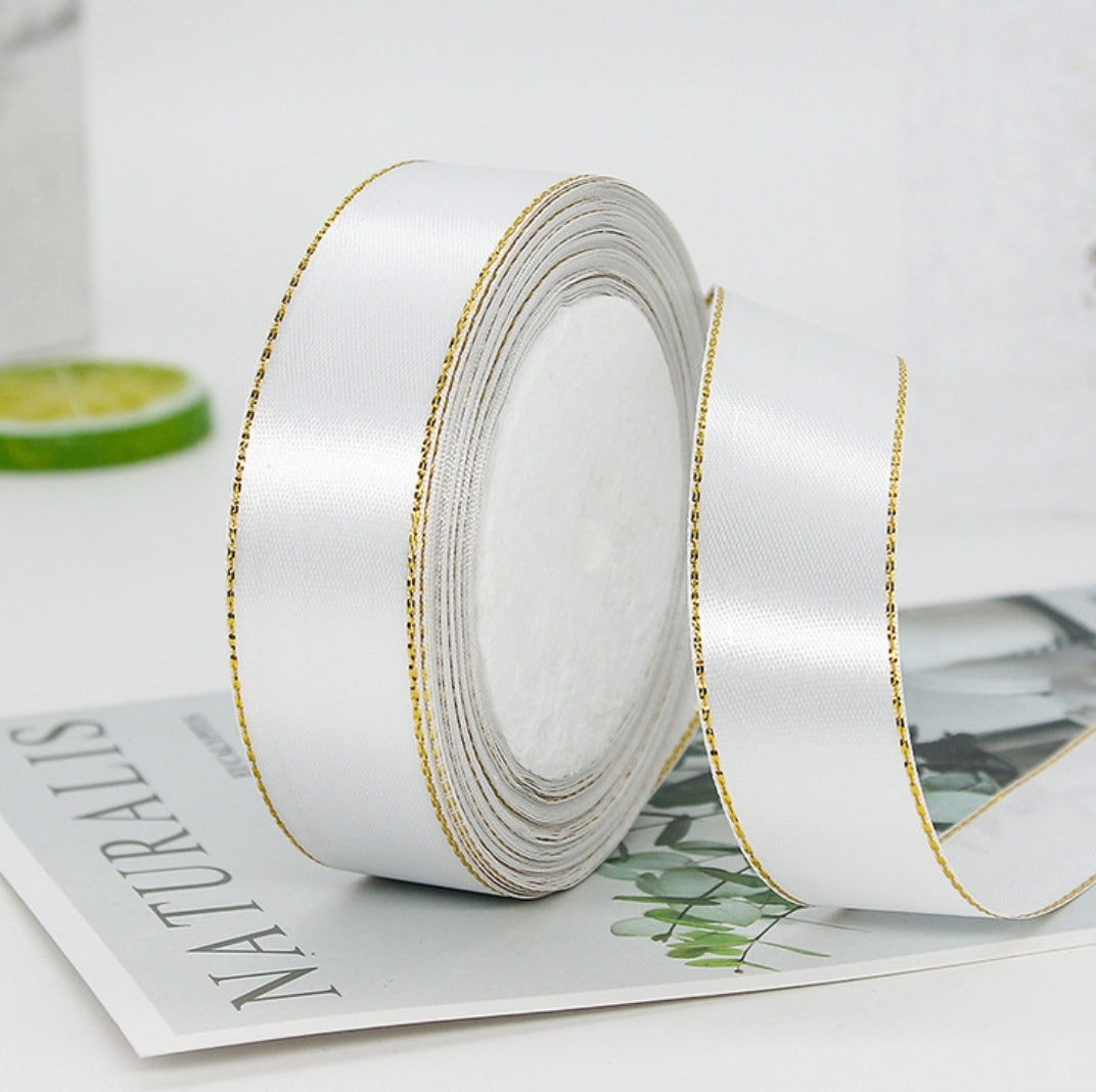 MajorCrafts 25mm 22metres White with Gold Edge Trim Satin Fabric Ribbon Roll R01