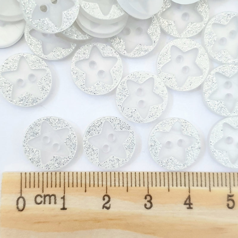 MajorCrafts 40pcs 12.5mm White Glittered 'Star Engraved' 2 Holes Round Sewing Resin Buttons