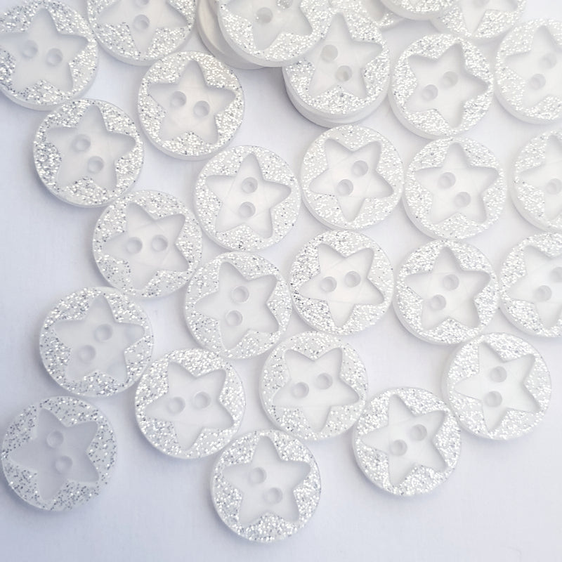 MajorCrafts 40pcs 12.5mm White Glittered 'Star Engraved' 2 Holes Round Sewing Resin Buttons