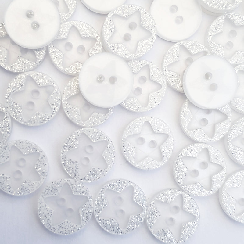MajorCrafts 40pcs 12.5mm White Glittered 'Star Engraved' 2 Holes Round Sewing Resin Buttons