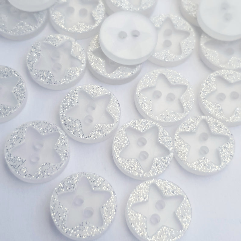 MajorCrafts 40pcs 12.5mm White Glittered 'Star Engraved' 2 Holes Round Sewing Resin Buttons