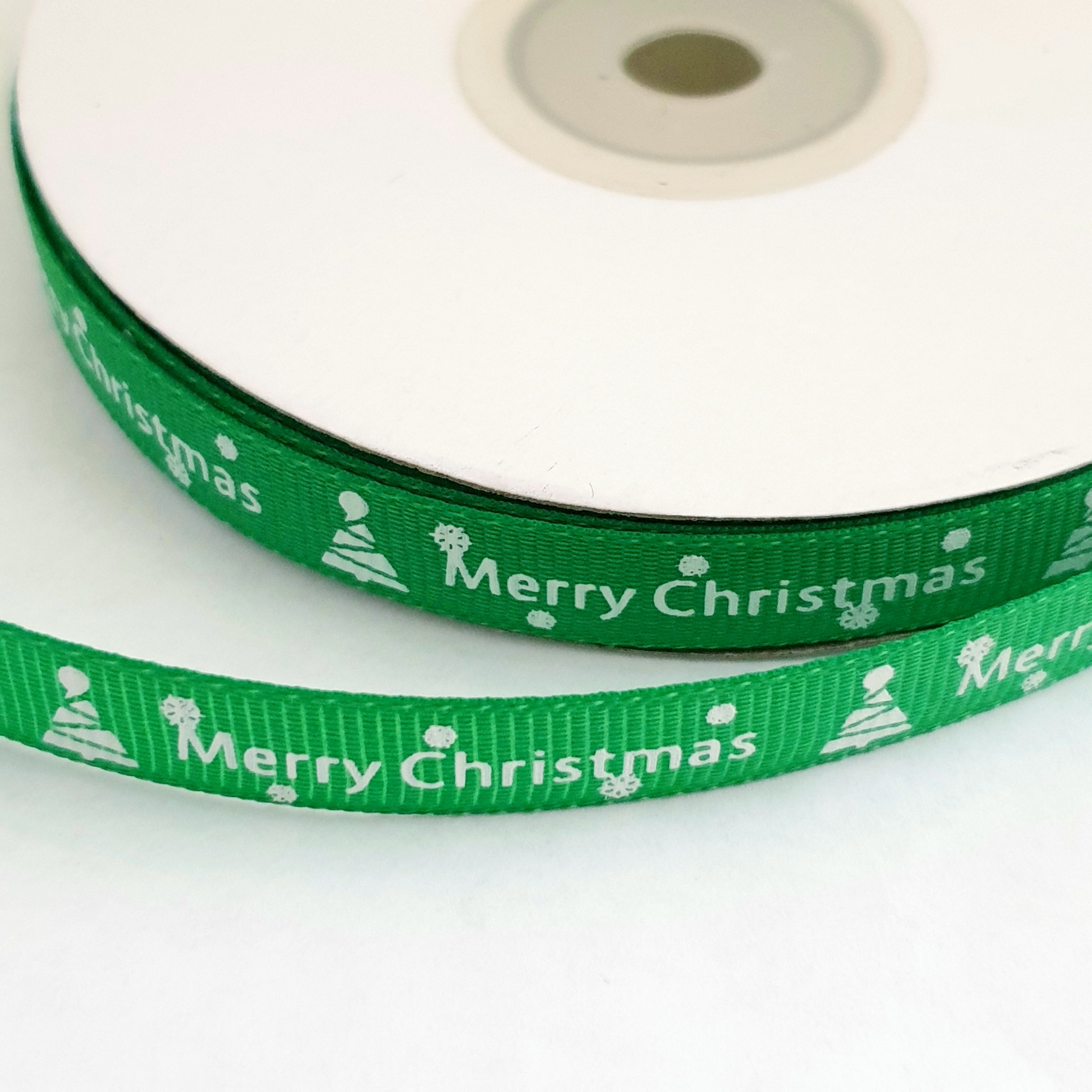 MajorCrafts 10mm 22metres Green 'Merry Christmas' Printed Single Sided Grosgrain Fabric Ribbon