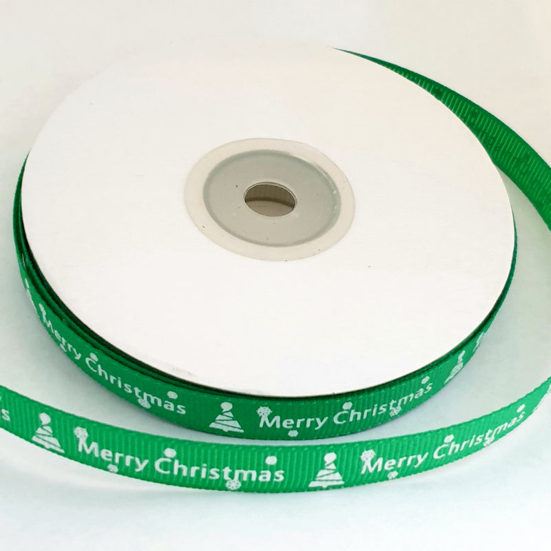MajorCrafts 10mm 22metres Green 'Merry Christmas' Printed Single Sided Grosgrain Fabric Ribbon
