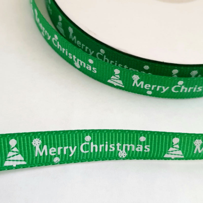 MajorCrafts 10mm 22metres Green 'Merry Christmas' Printed Single Sided Grosgrain Fabric Ribbon