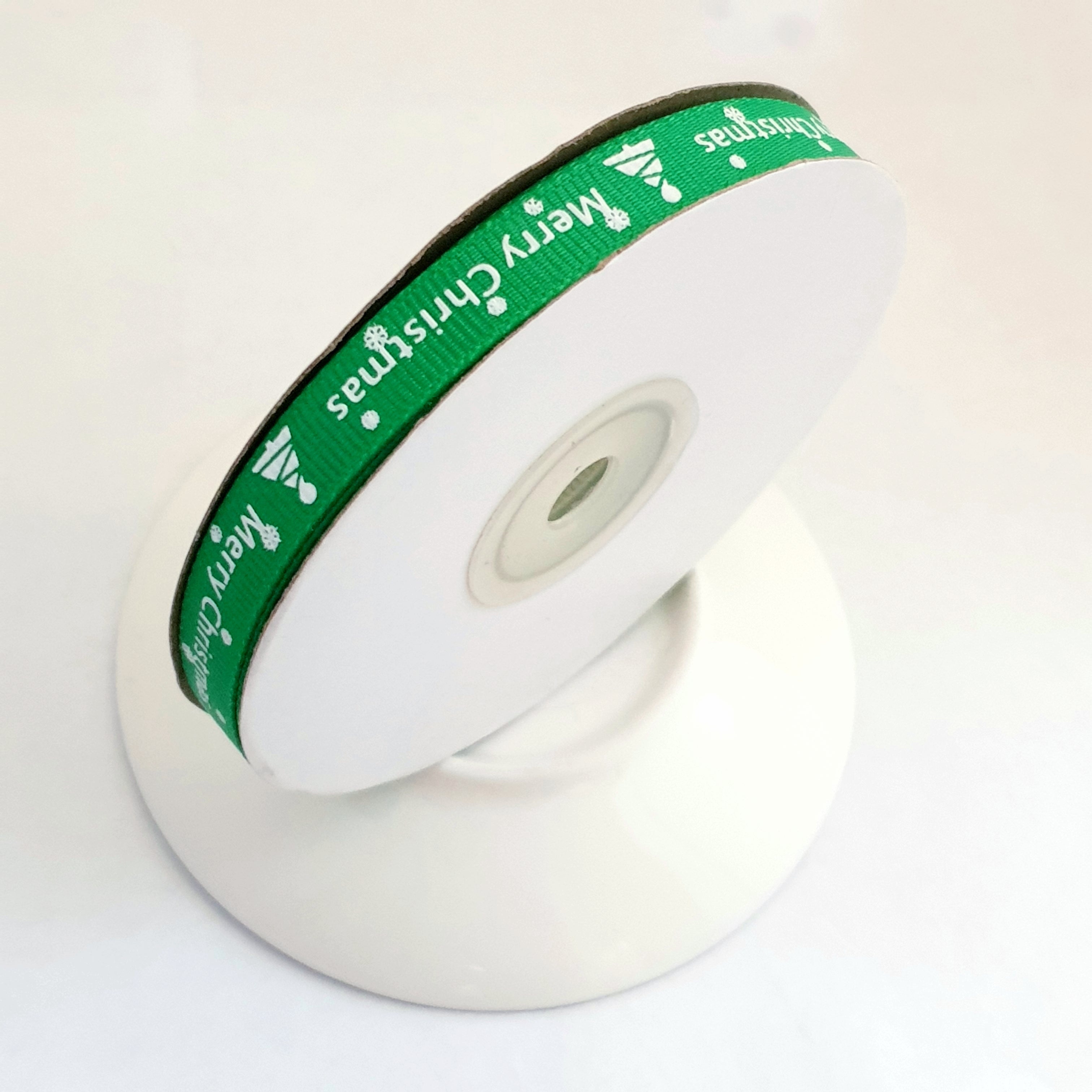 MajorCrafts 10mm 22metres Green 'Merry Christmas' Printed Single Sided Grosgrain Fabric Ribbon