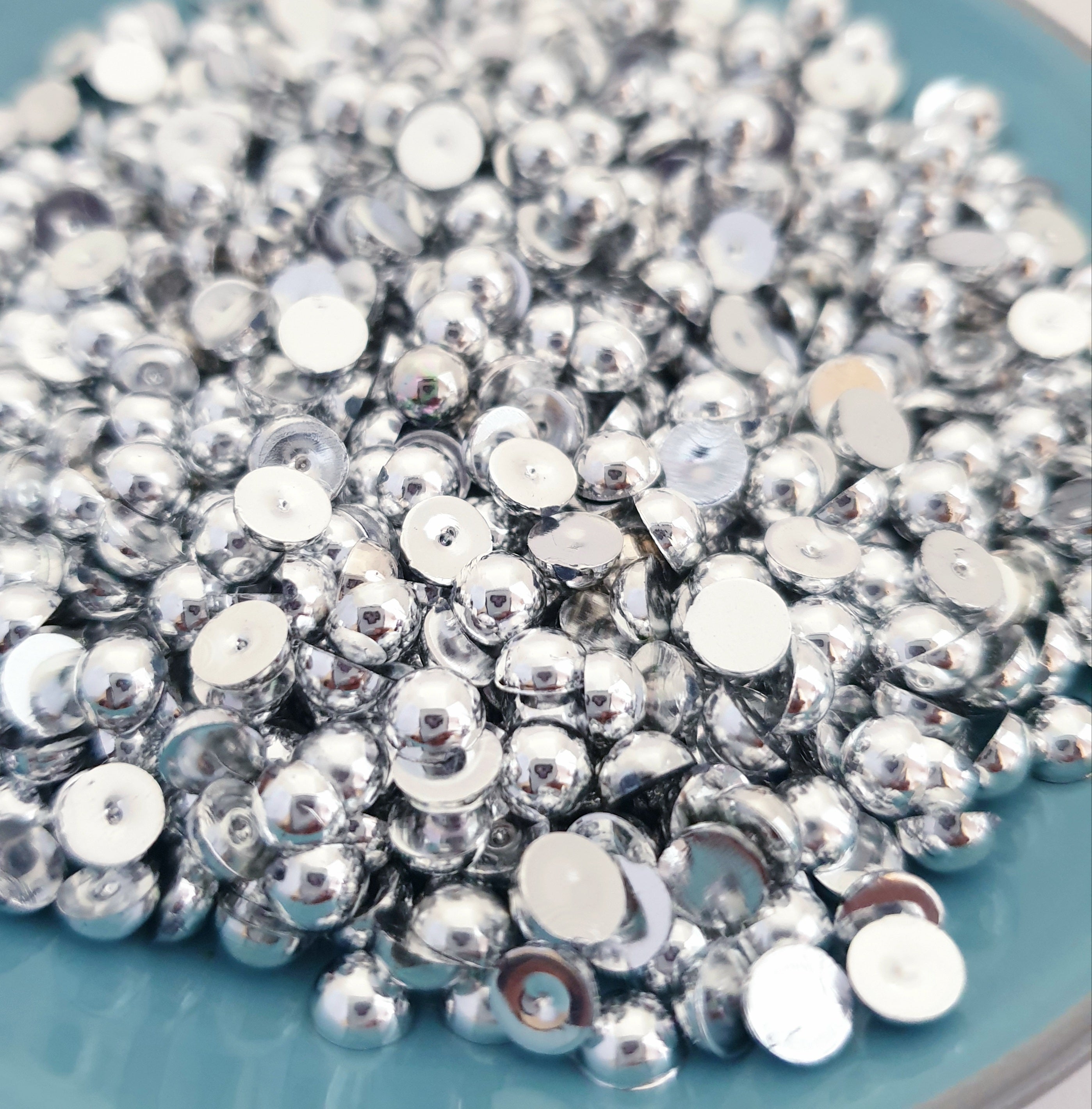 MajorCrafts Metallic Silver Flat Back Half Round Resin Pearls C37
