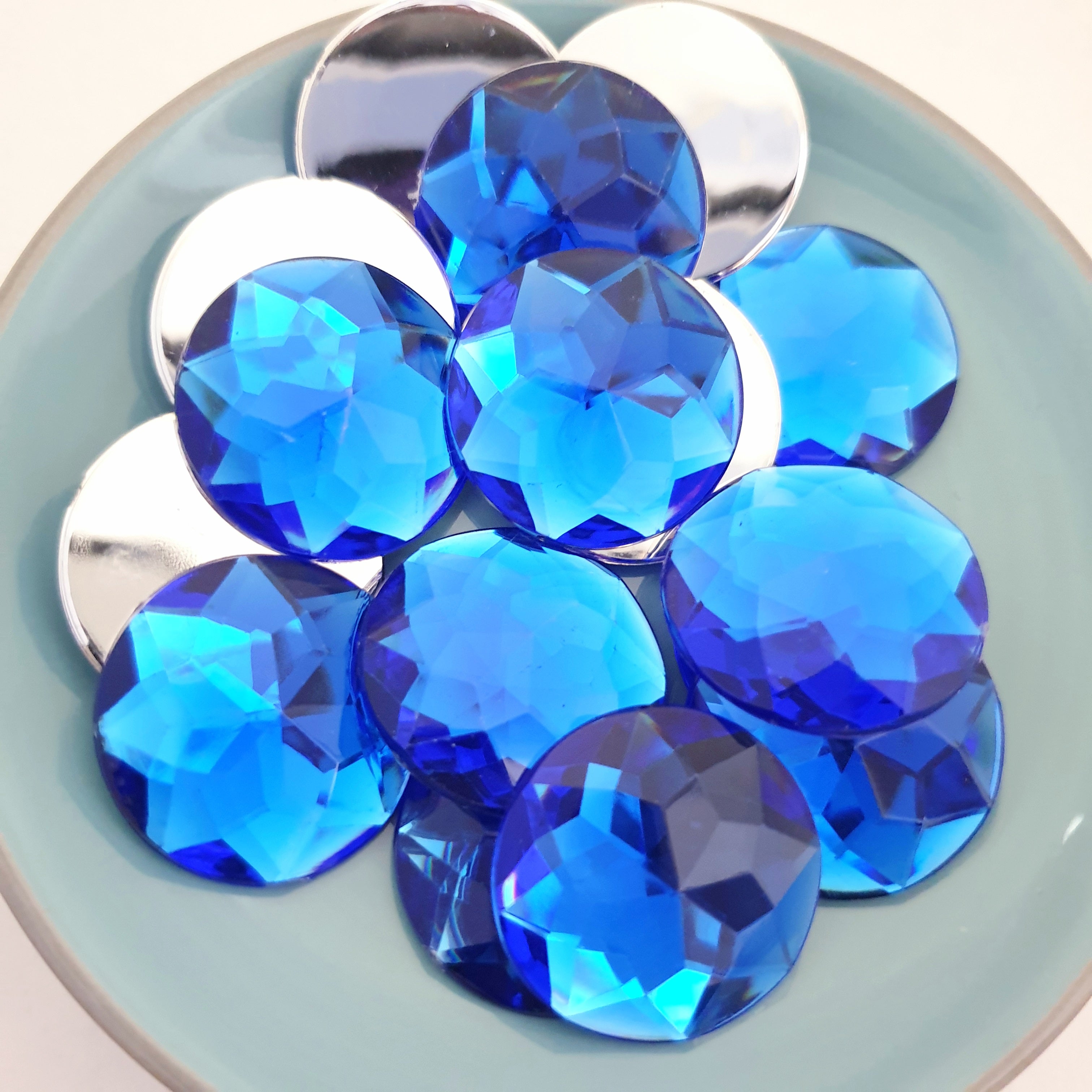 MajorCrafts 16pcs 25mm Sapphire Blue Star Facets Flat Back Large Round Acrylic Rhinestones