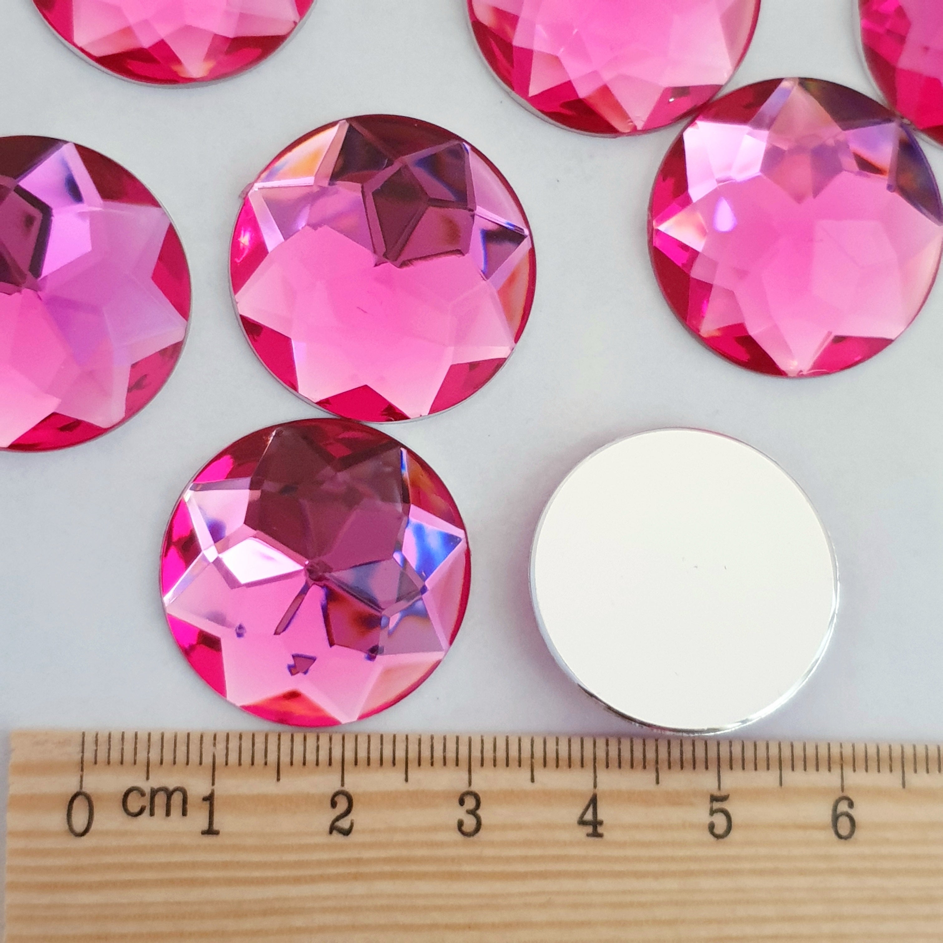 MajorCrafts 16pcs 25mm Rose Pink Star Facets Flat Back Large Round Acrylic Rhinestones