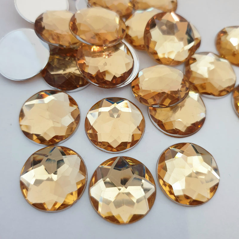 MajorCrafts 24pcs 20mm Light Topaz Brown Star Facets Flat Back Large Round Acrylic Rhinestones