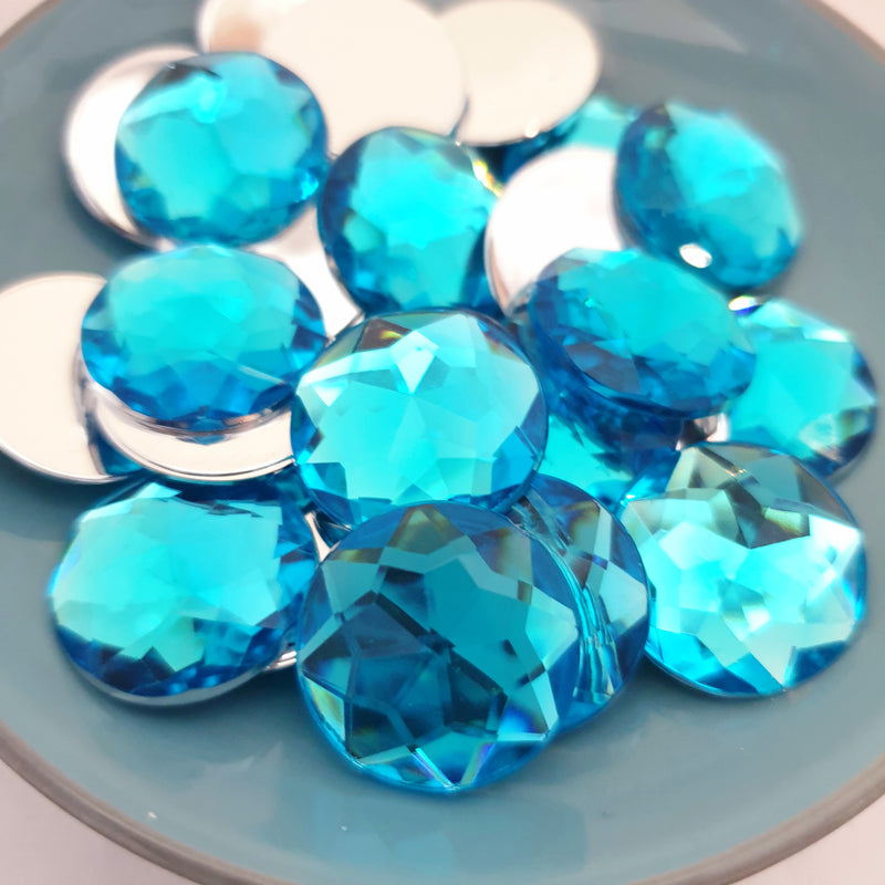 MajorCrafts 24pcs 20mm Aquamarine Blue Star Facets Flat Back Large Round Acrylic Rhinestones