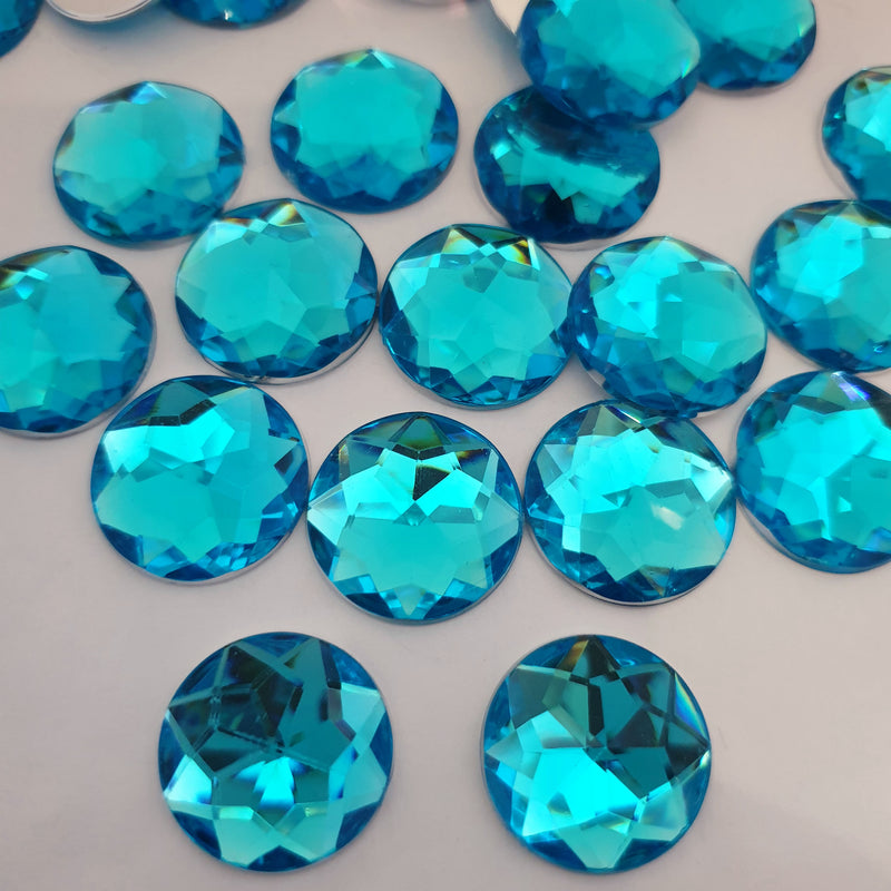 MajorCrafts 24pcs 20mm Aquamarine Blue Star Facets Flat Back Large Round Acrylic Rhinestones