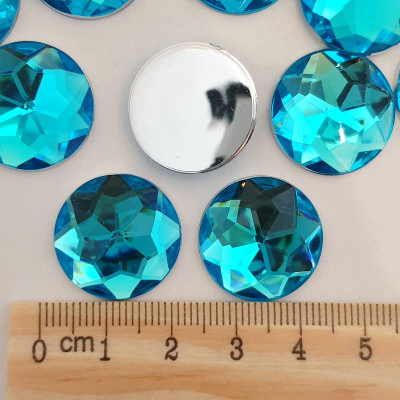 MajorCrafts 24pcs 20mm Aquamarine Blue Star Facets Flat Back Large Round Acrylic Rhinestones