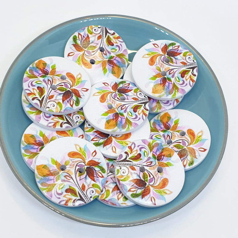 MajorCrafts 16pcs 30mm White & Orange Fiery Flower Pattern 2 Holes Large Wooden Sewing Buttons
