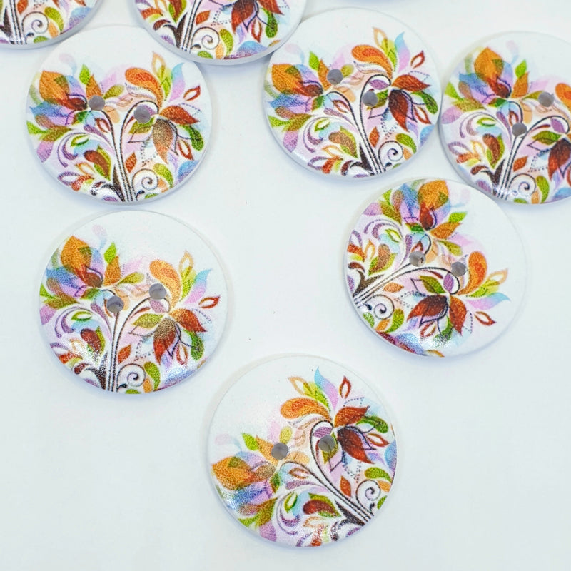 MajorCrafts 16pcs 30mm White & Orange Fiery Flower Pattern 2 Holes Large Wooden Sewing Buttons