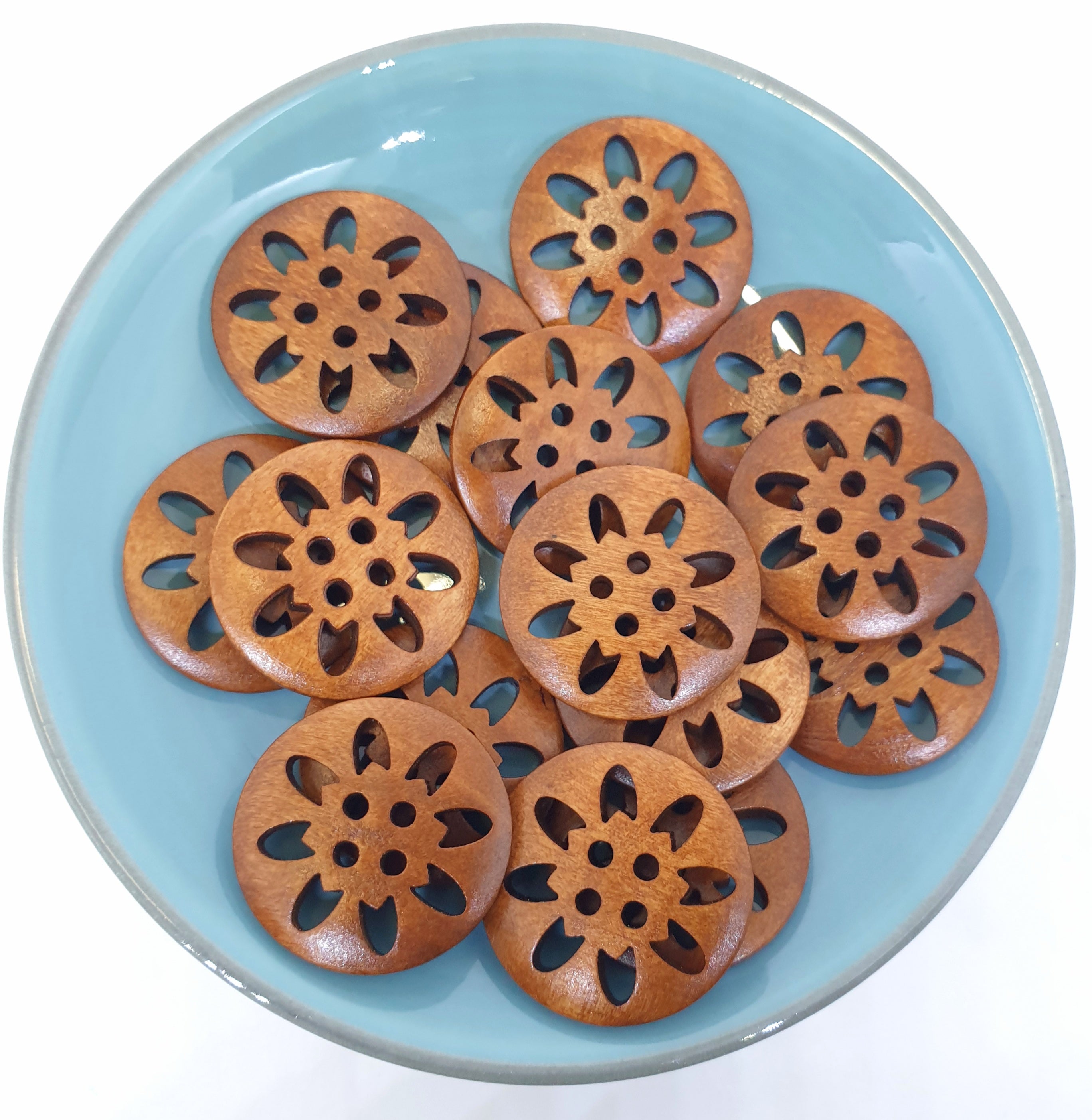 MajorCrafts 16pcs 25mm Brown Carved Hollow Flower 4 Holes Round Wooden Sewing Buttons