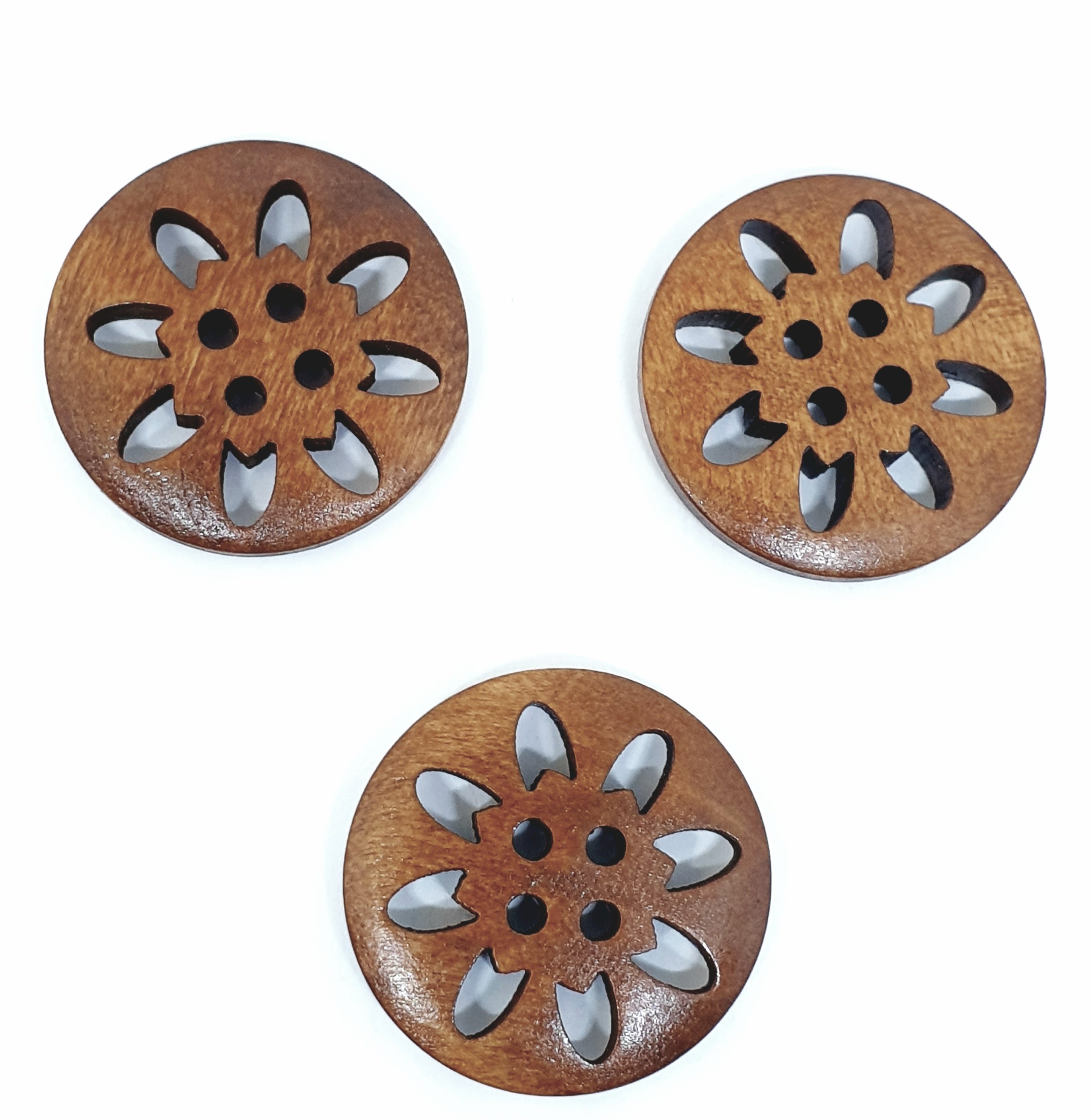 MajorCrafts 16pcs 25mm Brown Carved Hollow Flower 4 Holes Round Wooden Sewing Buttons
